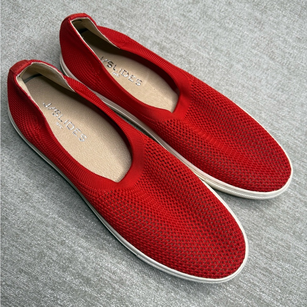 J/Slides NYC Red Knit Slip-On Sneakers Women’s Size 9 Comfort Stretch Flats